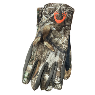 Camouflage hunting glove with a brand logo on a white surface