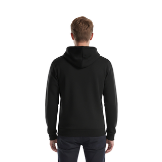 Person wearing a black hoodie from behind on a white background