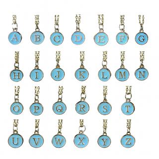 Set of gold necklaces with blue circular charms displaying letters A to Z on a white background.