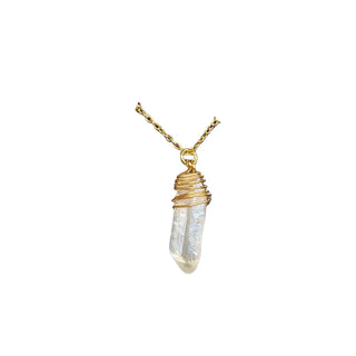Crystal necklace on a 'Four Elks Accessories' card with a wooden stand against a white background