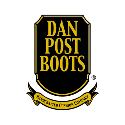 Dan Post Boots logo with yellow text on a black background