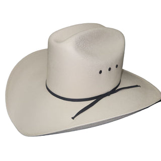 Beige cowboy hat with a black band on a white surface