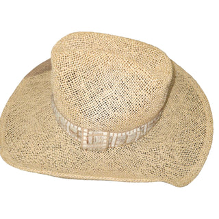 Beige straw hat with a decorative band on a white surface