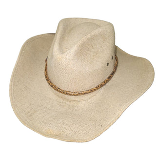 Beige cowboy hat with a chain around the brim on a white surface.