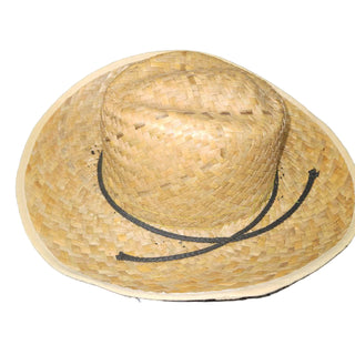 Straw hat with a black band on a white surface