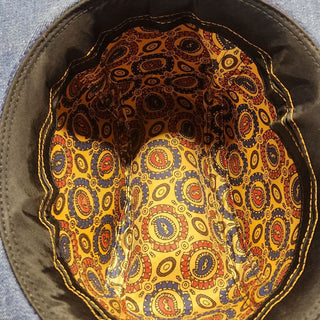 Close-up of a patterned interior lining of a hat on a gray background