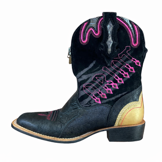 Black cowboy boot with pink stitching on a white background