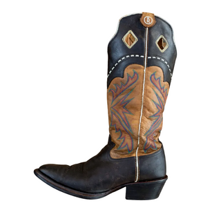 Cowboy boot with black and brown design on a white background