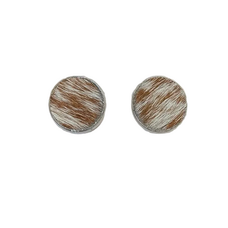 Round cowhide hair earrings on a white background