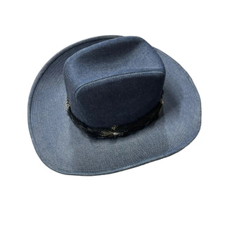 Dark blue fedora hat on a wooden surface