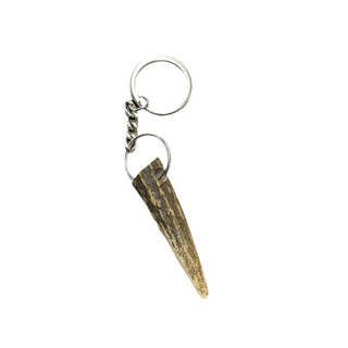 A keychain made from a naturally shed antler, featuring a rustic, natural texture with a silver ring at the top.