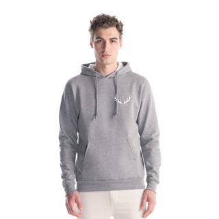 Man wearing a gray hoodie with a white logo on a white background
