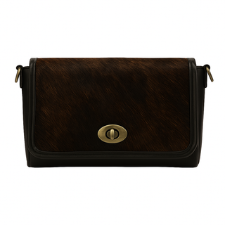 Brown leather handbag with gold clasp on a white background