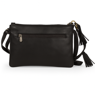 Black leather handbag with a tassel on a white background