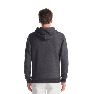 Person wearing a gray hoodie from behind on a white background