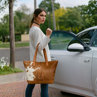 girl with cowhide Nash tote 
