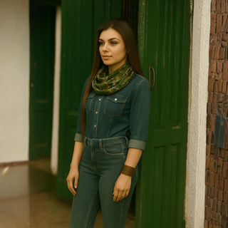 Woman in a denim outfit standing against a green door.