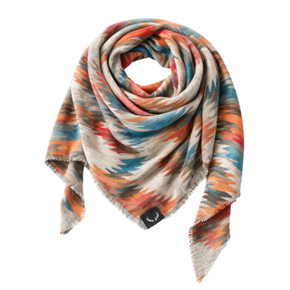 Colorful patterned scarf with a brand tag on a white background