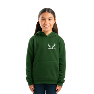 Green hoodie with 'FOUR ELKS' logo worn by a girl on a white background