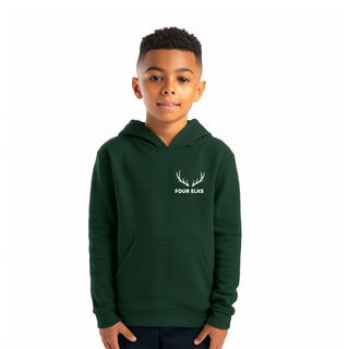 Child wearing a green hoodie with 'Four Elks' logo on a white background