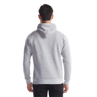 Person wearing a gray hoodie from behind on a white background