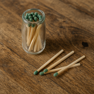 Glass jar with matches on a wooden surface