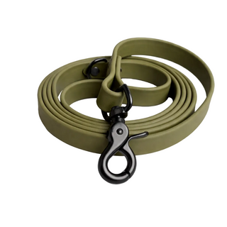 Olive green dog leash with a black clasp on a white background