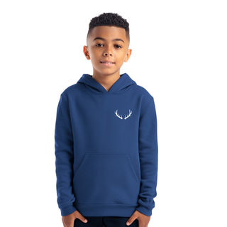 Child wearing a blue hoodie with a white antler design on a white background