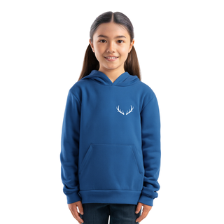 Girl wearing a blue hoodie with a white deer antler design on a white background