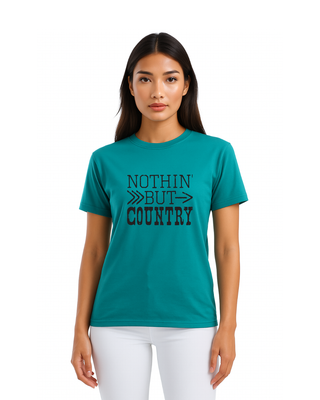 Woman wearing a teal t-shirt with 'NOTHIN BUT COUNTRY' text on a white background