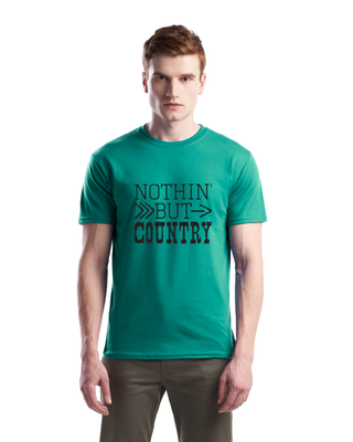 Man wearing a green t-shirt with 'Nothin' But Country' text on a white background