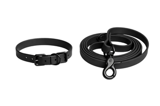 Black dog collar and leash set on a white background