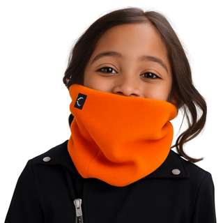 Child wearing an orange neck gaiter on a white background