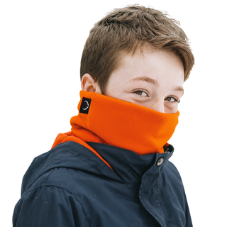 Person wearing an orange neck warmer with a white background