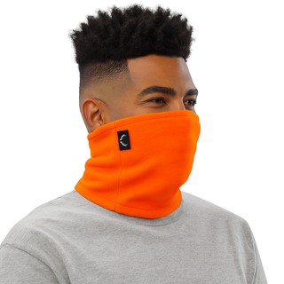 Person wearing an orange neck gaiter on a white background