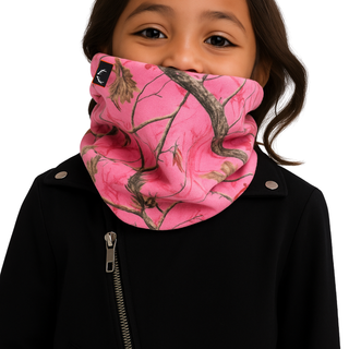 Child wearing a pink camouflage neck gaiter on a white background