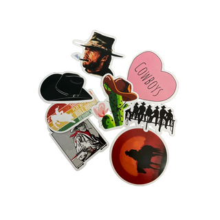A collection of various decorative stickers featuring country-themed designs, such as a cowboy hat, a cactus, and text phrases like 'COWBOY' and 'BOOTS.'.