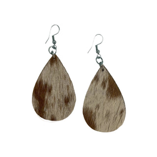 Teardrop-shaped leather earrings with brown and beige pattern on a white background