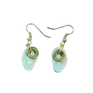 Pair of earrings with light beige teardrop-shaped pendants and gold circular accents on a white background.