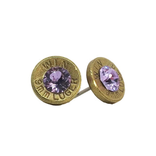 Gold bullet casing earrings with purple gemstones on a white background