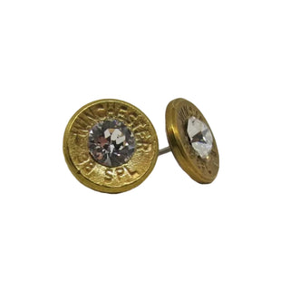 Gold bullet-shaped earrings with clear gemstones on a white background