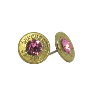 Gold Winchester bullet-shaped earrings with pink gemstones on a white background