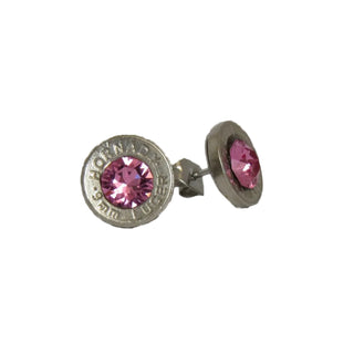 A pair of stud earrings made from recycled bullet casing with pink tournmaline gemstones, handmade.