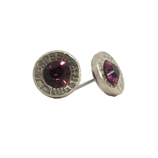A pair of round stud earrings made from recycled bullet casing with amethyst gemstone, designed to represent the February birth month.